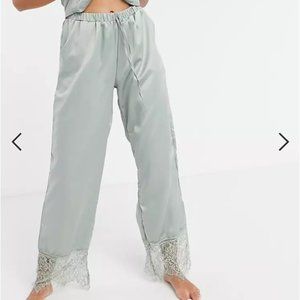 New ASOS Loungeable satin lace pajama pants in sage green Size Small S Women